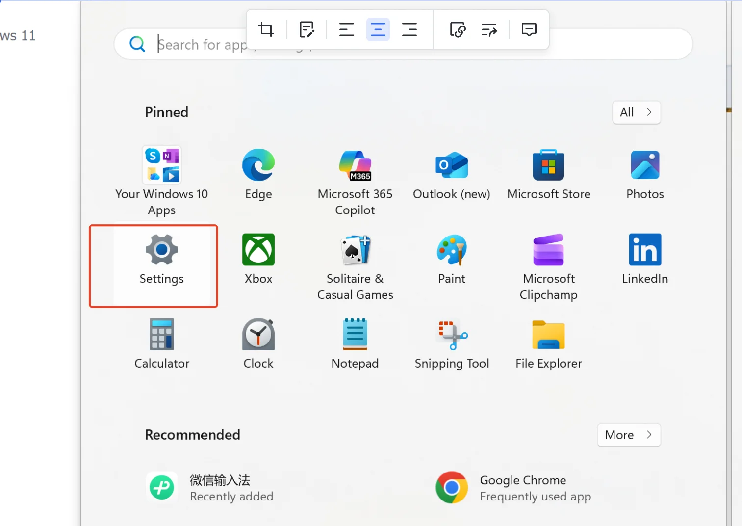 Click Settings on Windows 11.