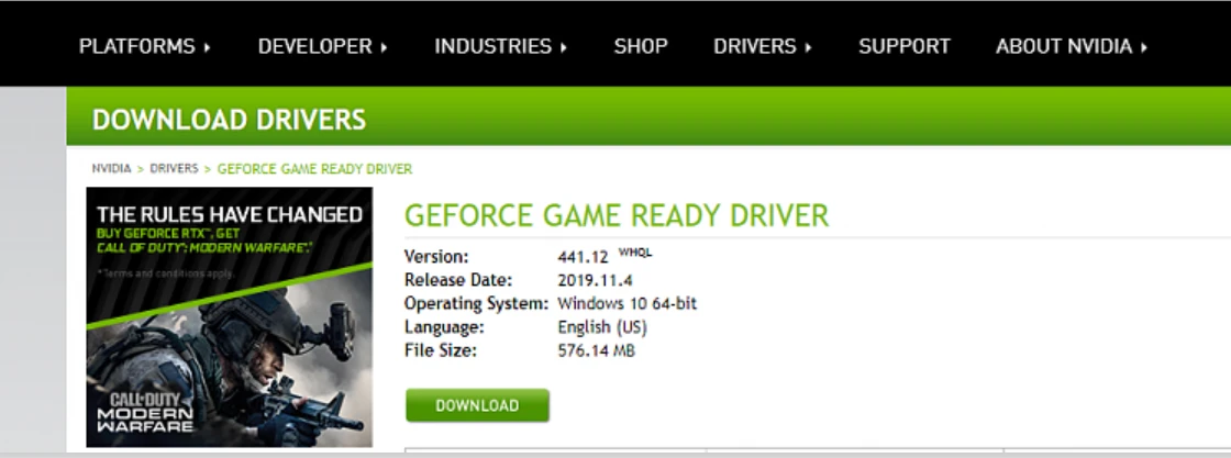 Download driver from the Nvidia GeForce driver download page.