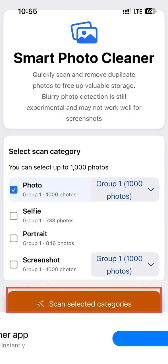 Select photo categories to scan on your iPhone.