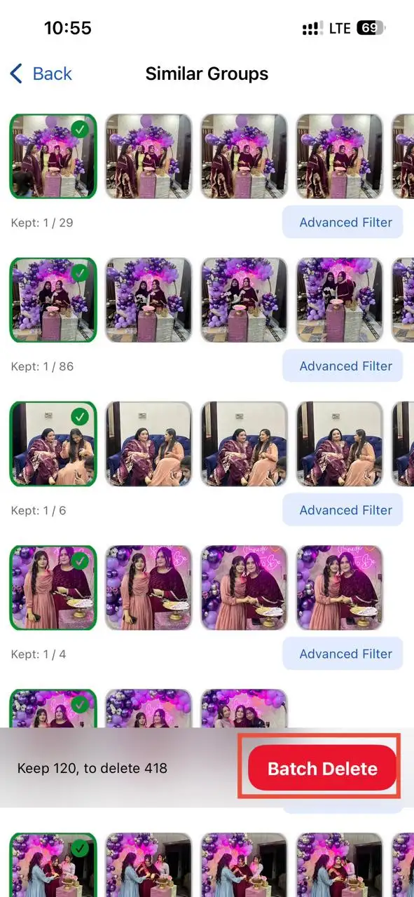 Select Batch Delete at the bottom to delete your duplicate photos on iPhone.