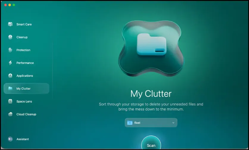 CleanMyMac sidebar showing My Clutter option with Scan button.
