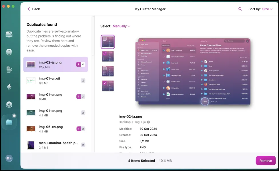CleanMyMac Remove button highlighted after selecting duplicate photos.