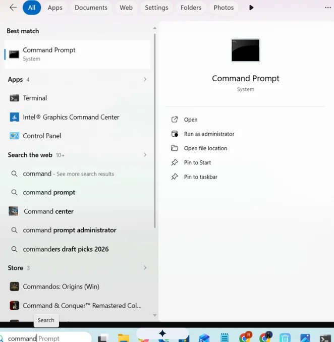 Search for command prompt from the start menu.