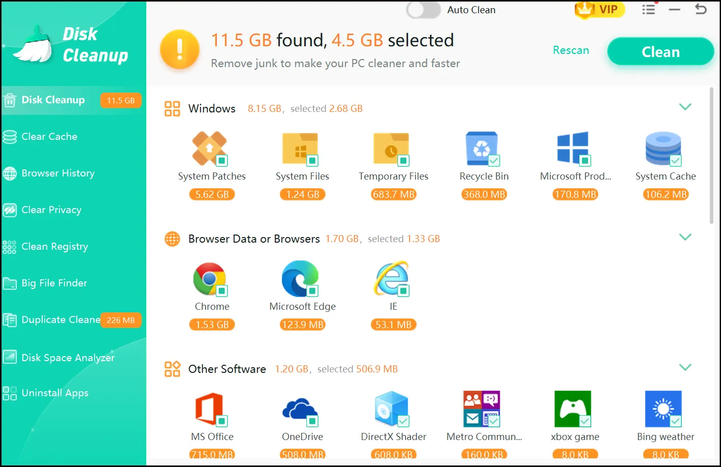 Click Clean to remove junk files to make your Windows PC faster and cleaner.