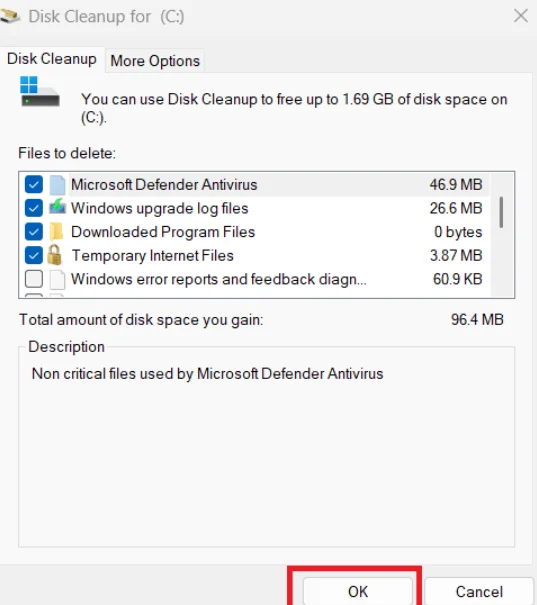 Select the files to extend the C drive in Windows 11.