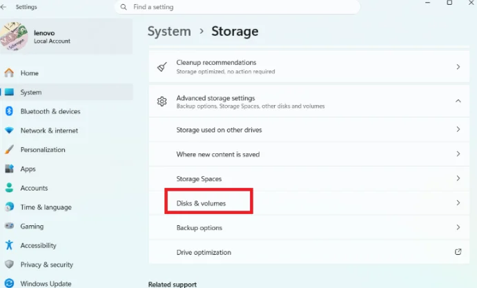 Go to Storage and then click on Disk and volume.