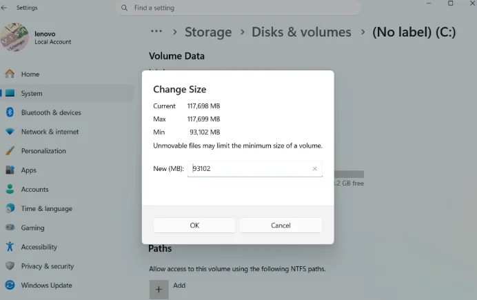 Change the C drive size to extend the drive.