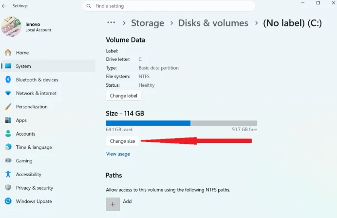 Select the Change size option to extend the C drive.