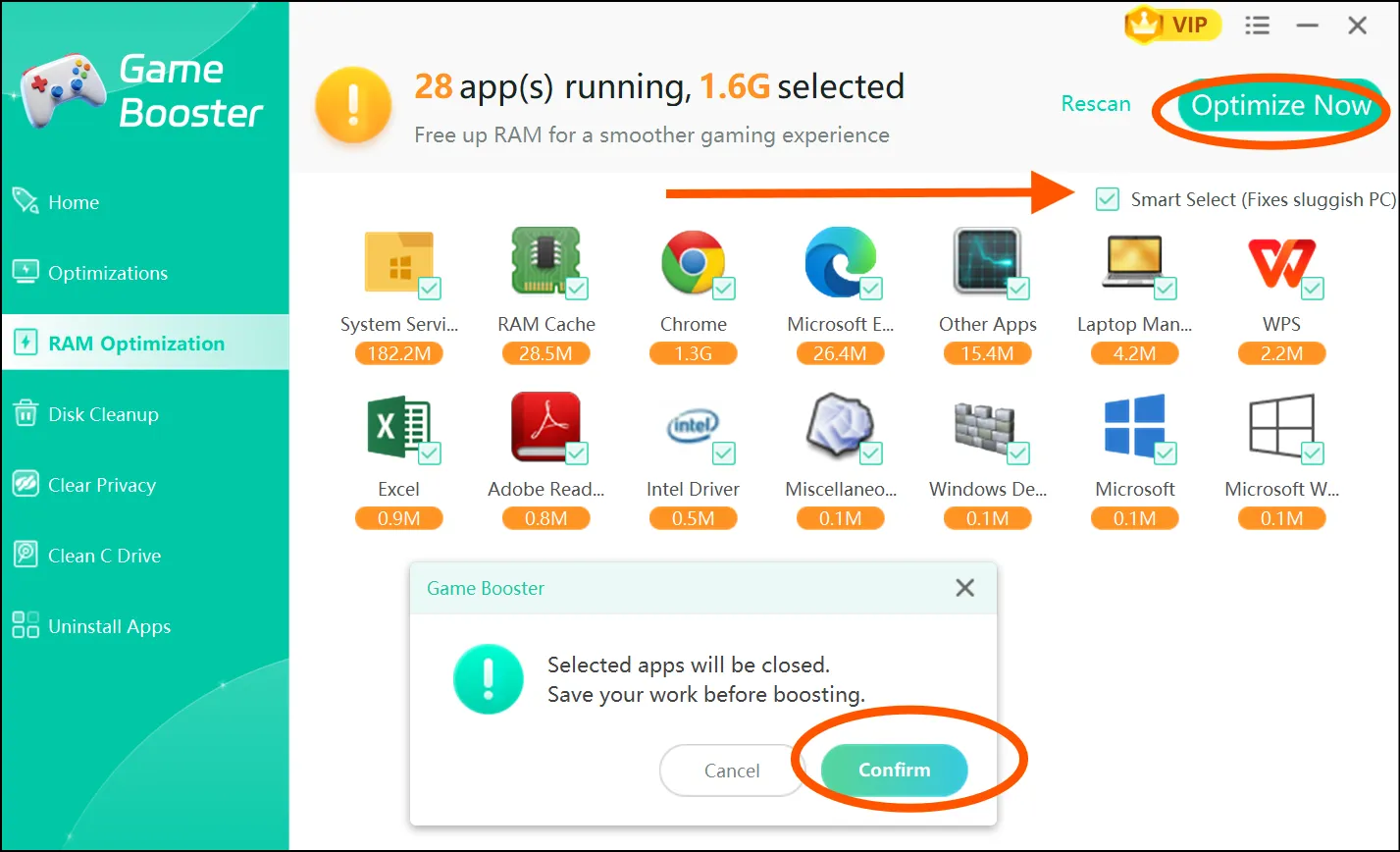Click Optimize Now to free up RAM space for better gaming experience.