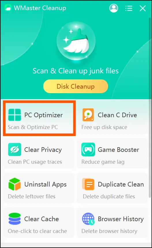 Select PC Optimizer from main interface of WMaster Cleanup for faster PC.
