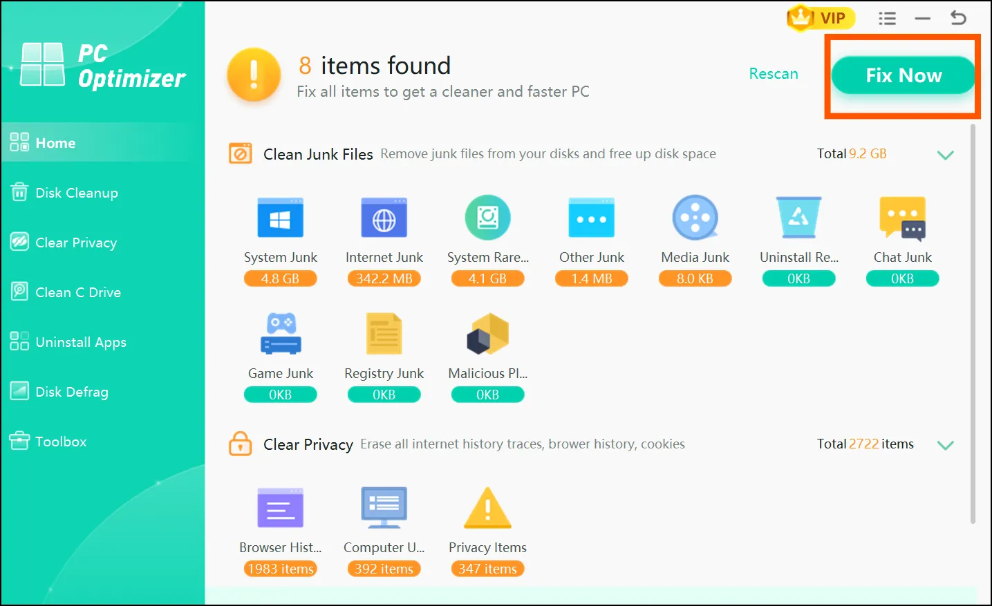 Review scan result and click Fix Now for cleaner and faster PC.