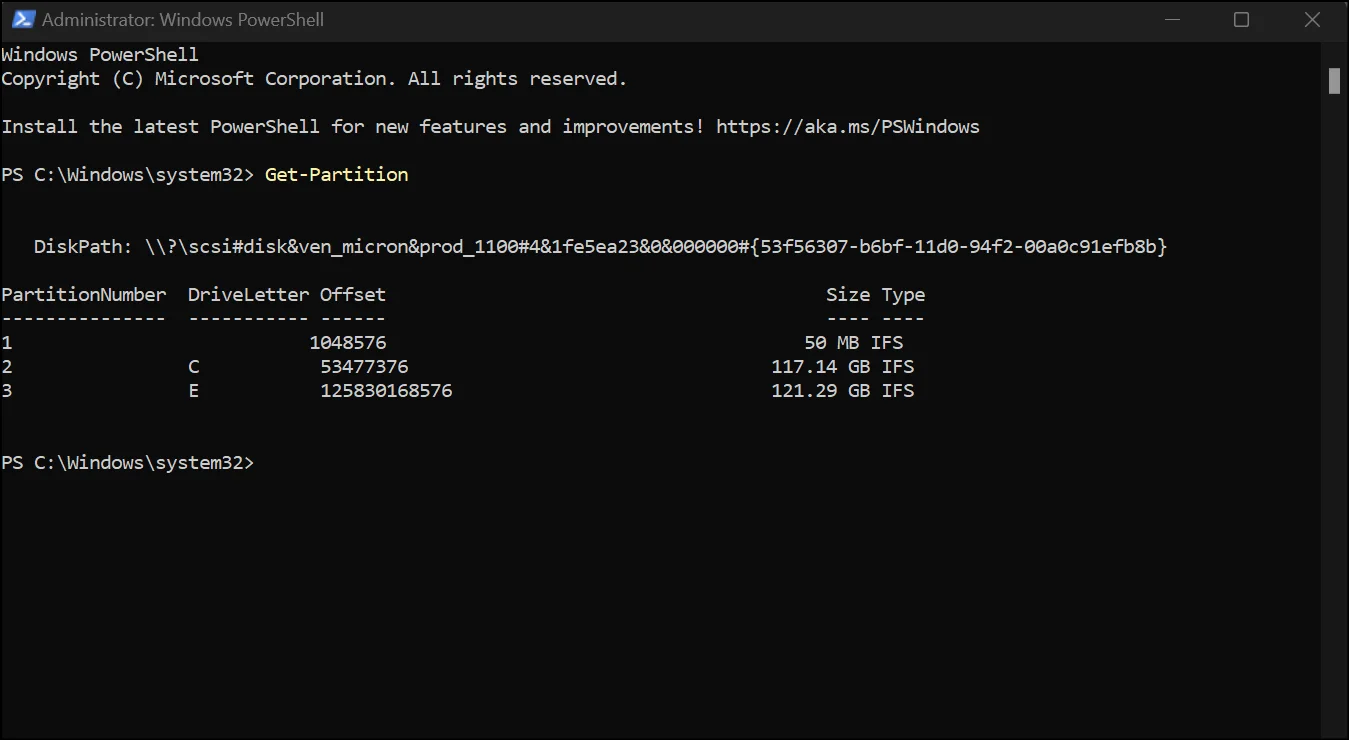 Go to PowerShell from the Start menu and get the partition of drives.