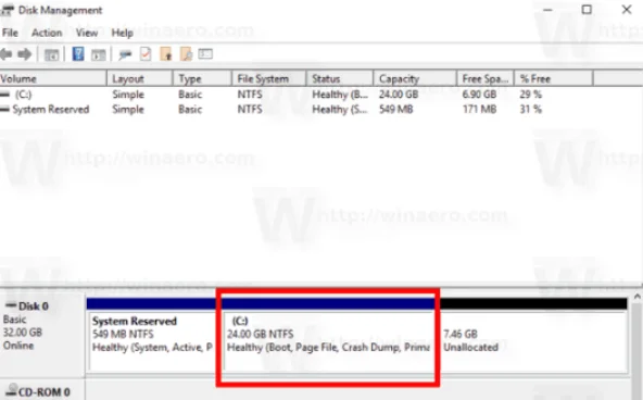Check the disk space from the disk management option again.