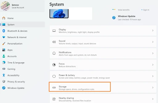 Go to the system and then settings and storage.