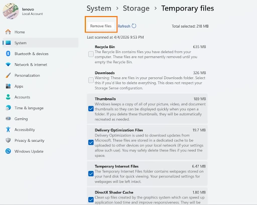 Choose all the files you want to remove temp files.