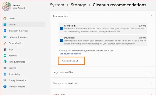 Check temporary files to clean space.
