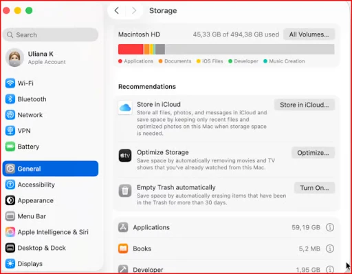 Go to mac storage via General.