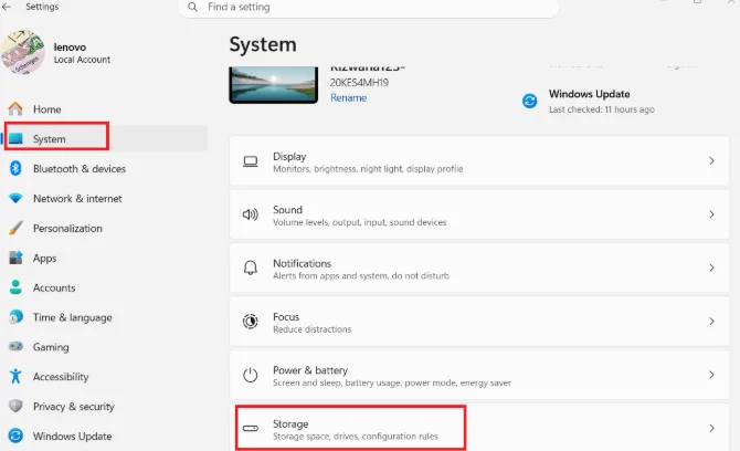 Go to system and then storage.