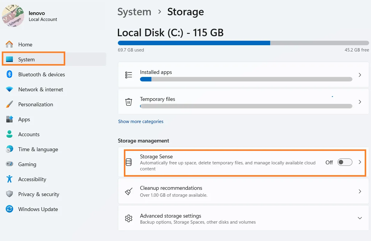 Go to Windows settings and Storage Sense.