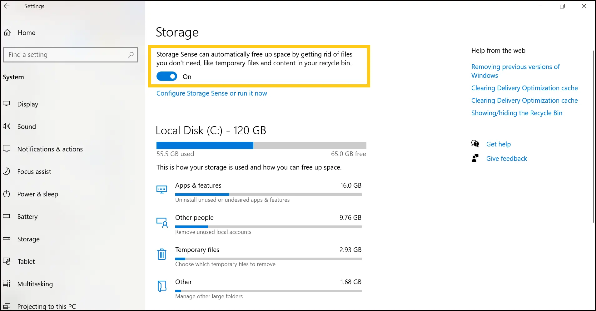 Windows 11 Storage settings page with the Storage Sense toggle.