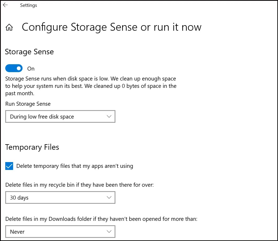 Storage Sense settings displaying you the frequency options and other cleanup settings.