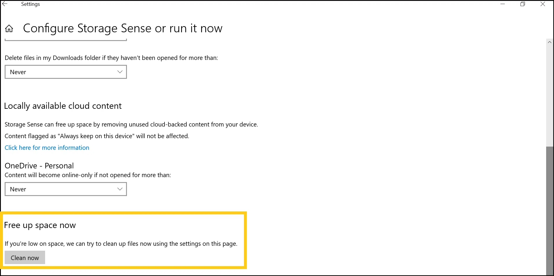 The Free Up Space now button at the bottom of your Storage Sense settings.