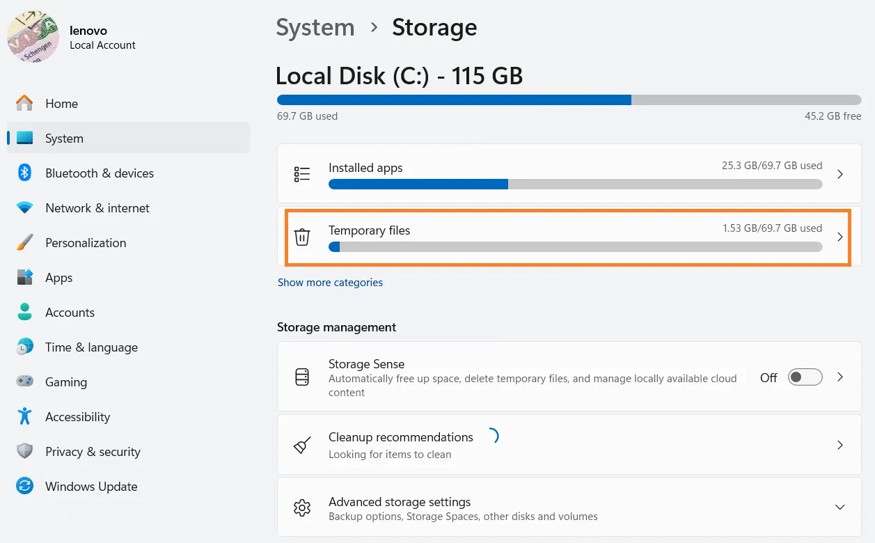 Check the storage taken up by temporary files.