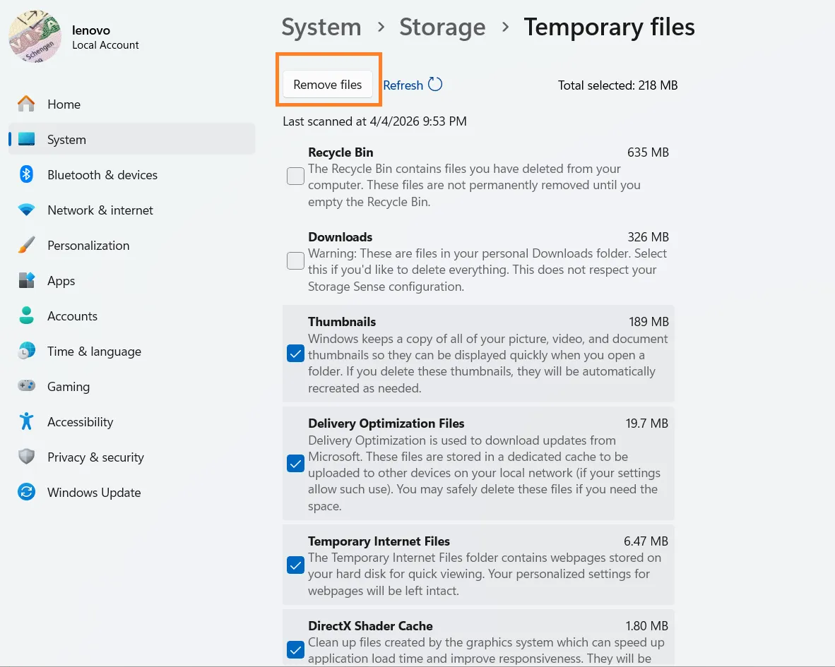 select the temp files and click on remove files.