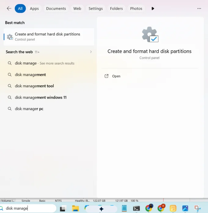 Go to the Disk management feature to check the Windows partition.