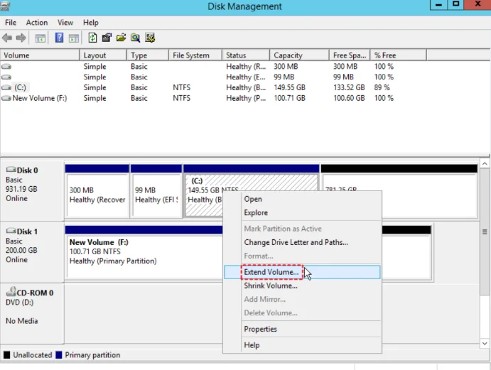 Click on the C drive to extend the volume of the drive.