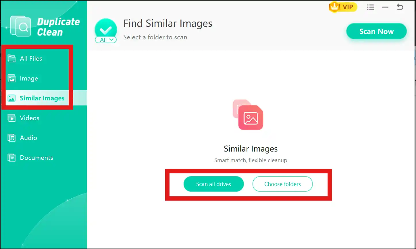 Select all drives or specific folder to find and remove duplicate or similar photos with WMaster Cleanup.