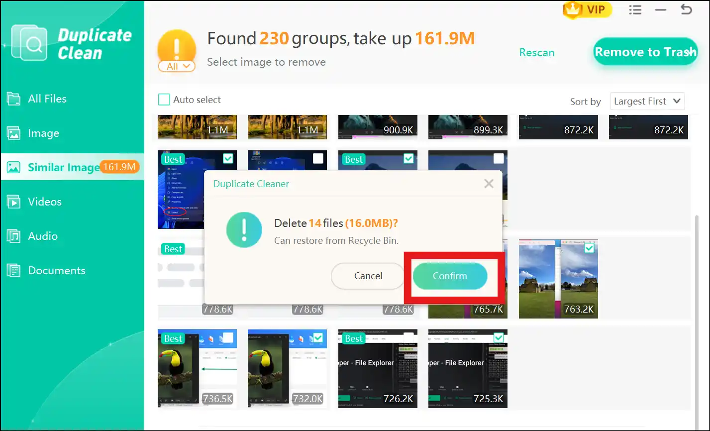 Confirm to delete selected duplicate photos for cleaner and faster PC with free duplicate photo cleaner.