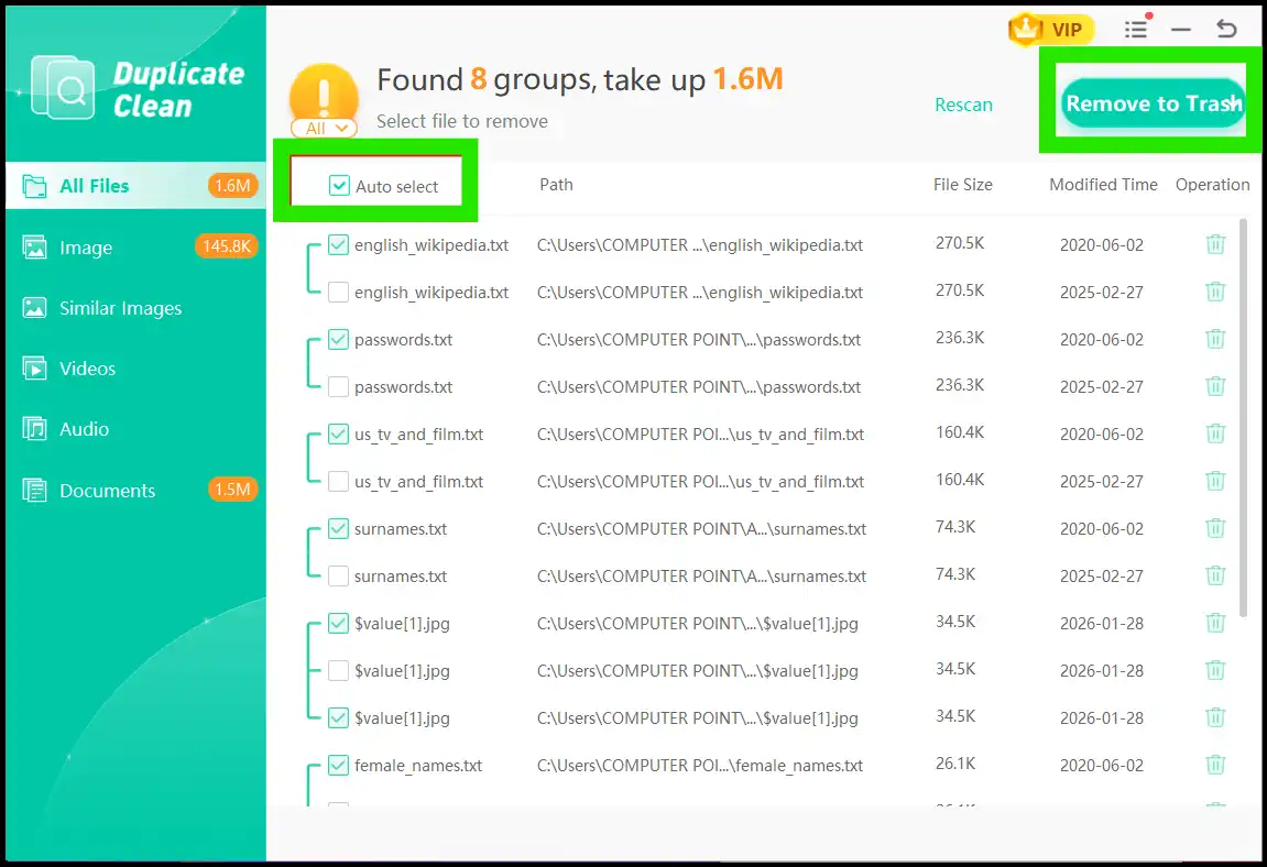 Select duplicates manually or auto-select all files for easy deletion with WMaster Cleanup.