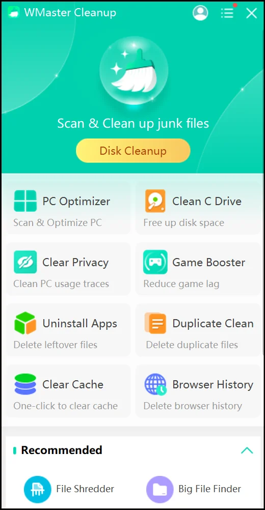 Select Disk Cleanup feature from WMaster Cleanup main dashboard.