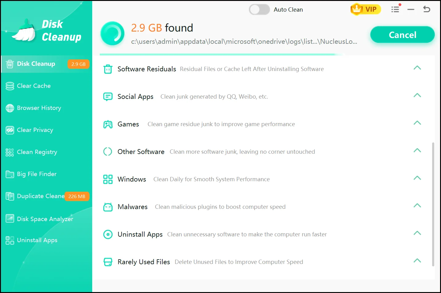 WMaster Cleanup mid-scan, already hunting down junk across your system.