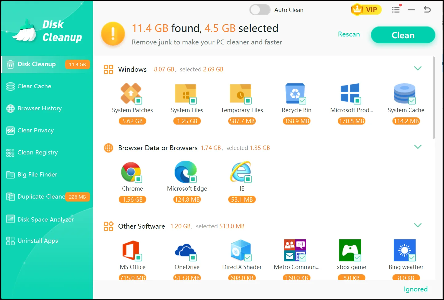 Scan results showing everything WMaster found; hit Clean to optimize your PC.