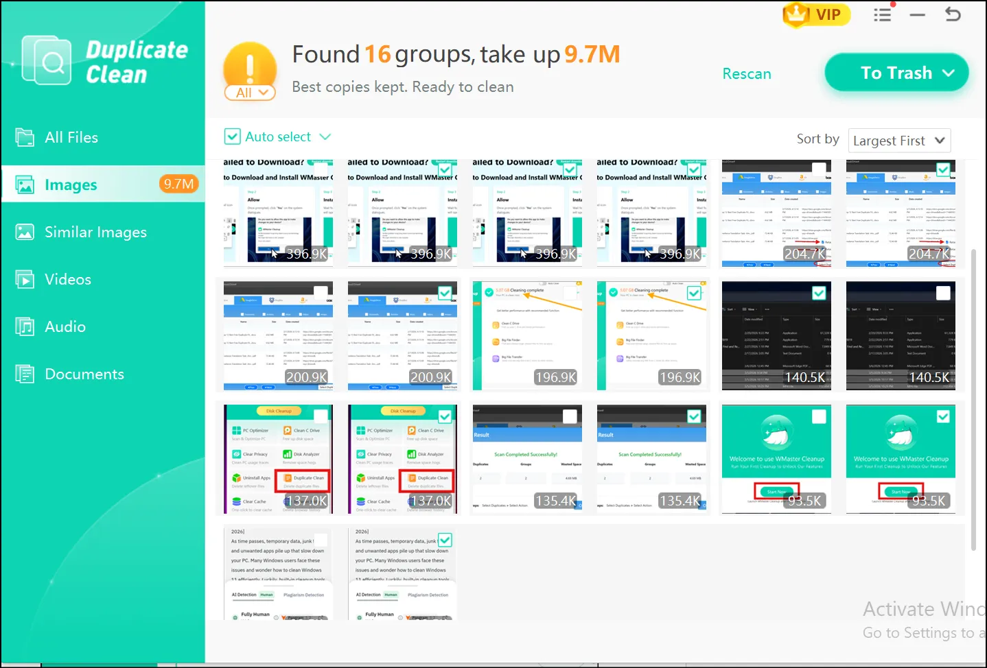 WMaster Cleanup duplicate file scan results showing grouped duplicate photos.