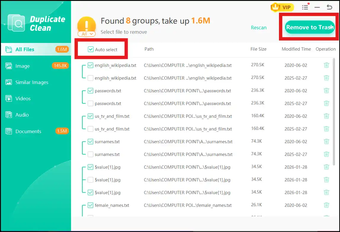 Select duplicates manually or auto-select all files to clean your PC.