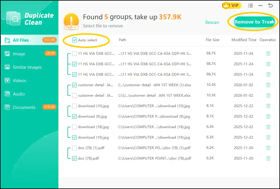 Manual or Auto select duplicates to remove them to trash for cleaner PC.