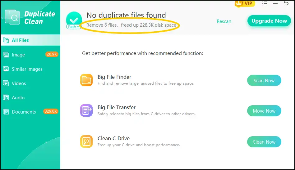 Manual or Auto select duplicates to remove them to trash for cleaner PC.