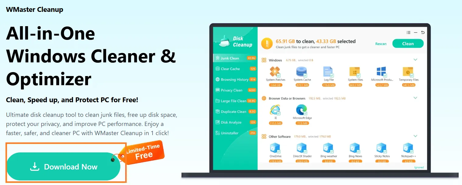 Download WMaster Cleanup to remove the temp files from Windows.