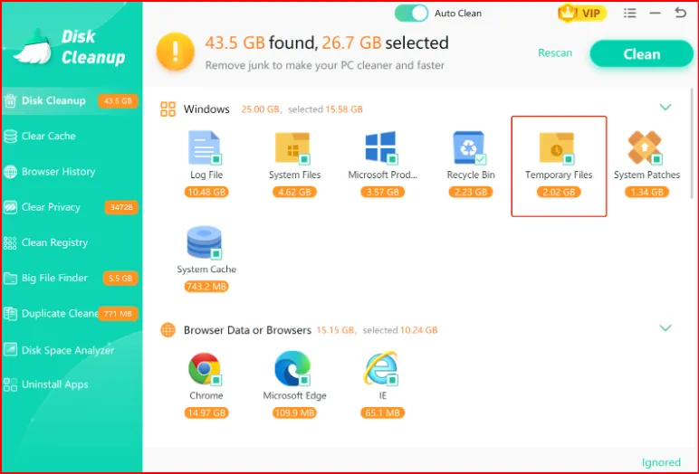 Select the Temporary Files folder to clean its junk with WMaster Cleanup.