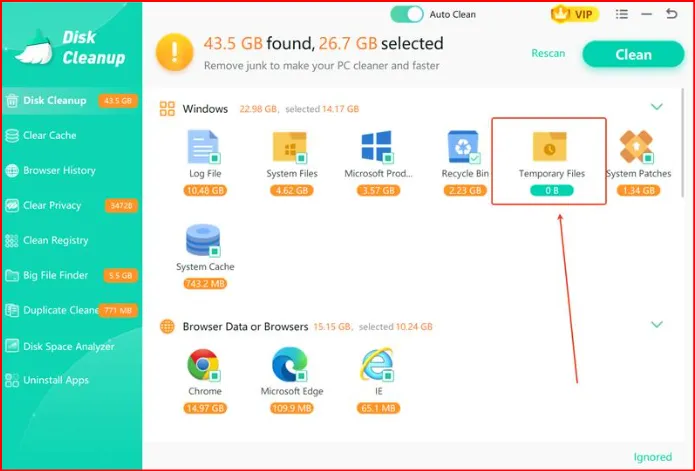 Your Temporary Files folder is cleaned using Disk Cleanup feature.