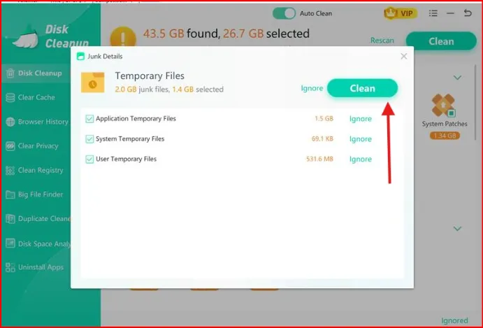check how much storage will free up after removing temp files.