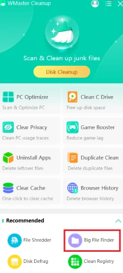From the menu, select big file finder to track large files.