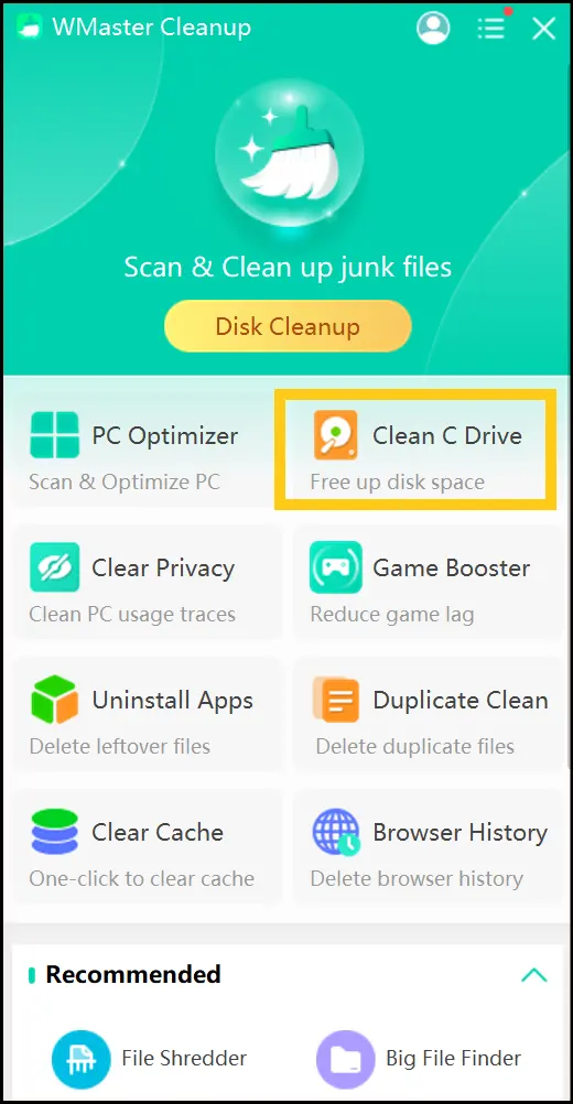 Open WMaster Cleanup's Clean C Drive feature to free up disk space on your PC.