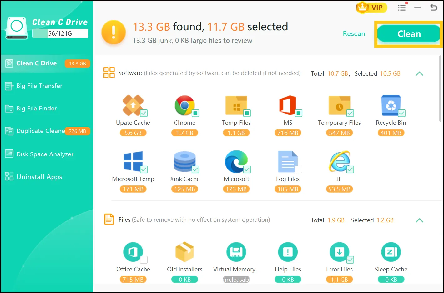 Clean C drive feature's scan result with all the junk and space consumed.