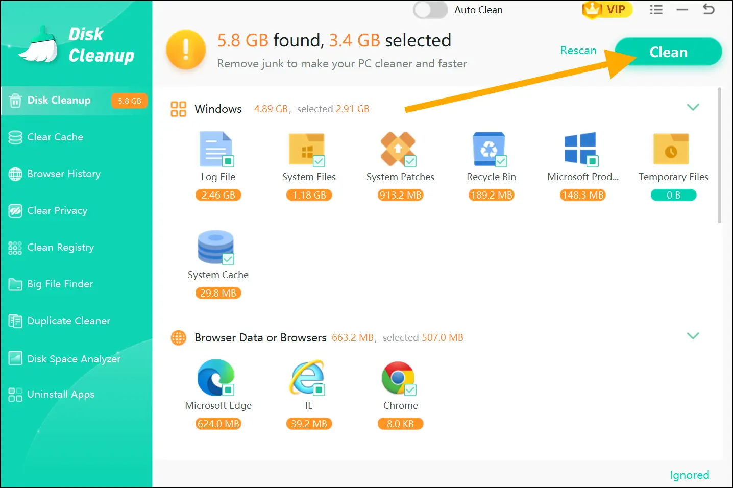 Select desired folders and programs to clean junk from Windows 11 to fix install error - 0x800f0991.