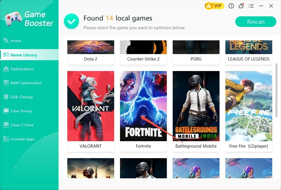 Click on Game Library to detected installed Fortnite.