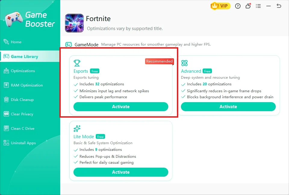 Select Esport mode.